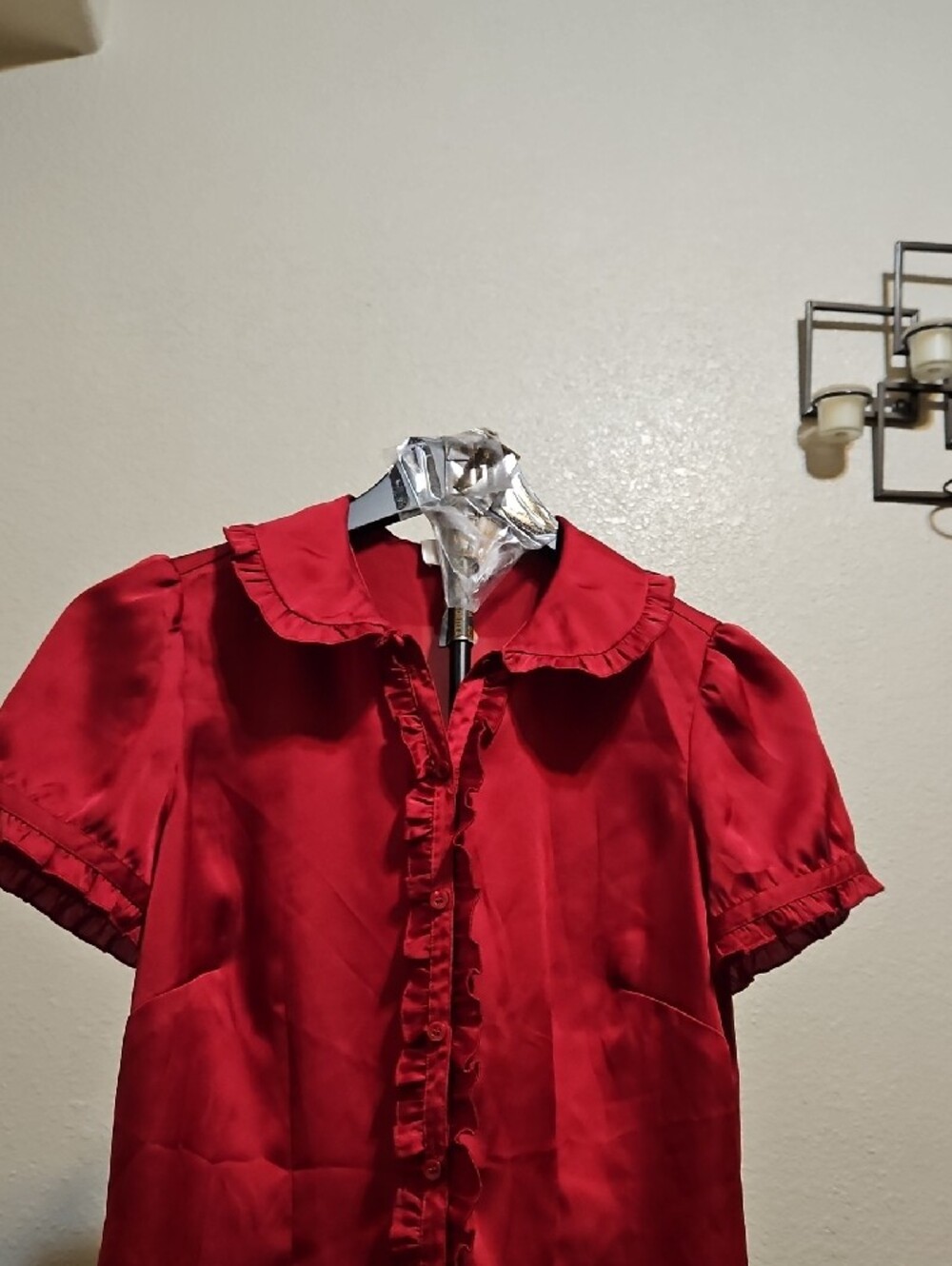 LOFT Bright Red Ruffle-Trim Button-Up Blouse - Picture 2 of 2